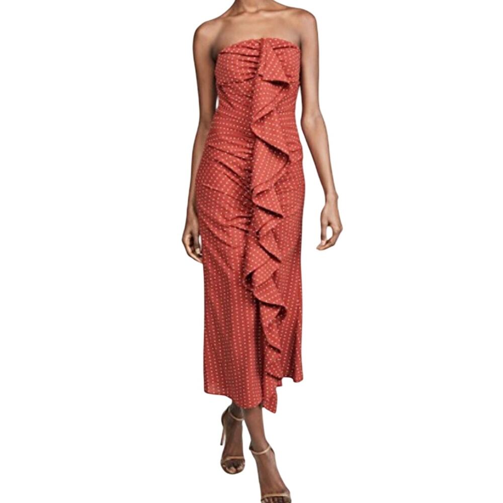 C/MEO Collective Vices Strapless Ruffle Front Polka Dot Midi Dress XXS or 00 Red